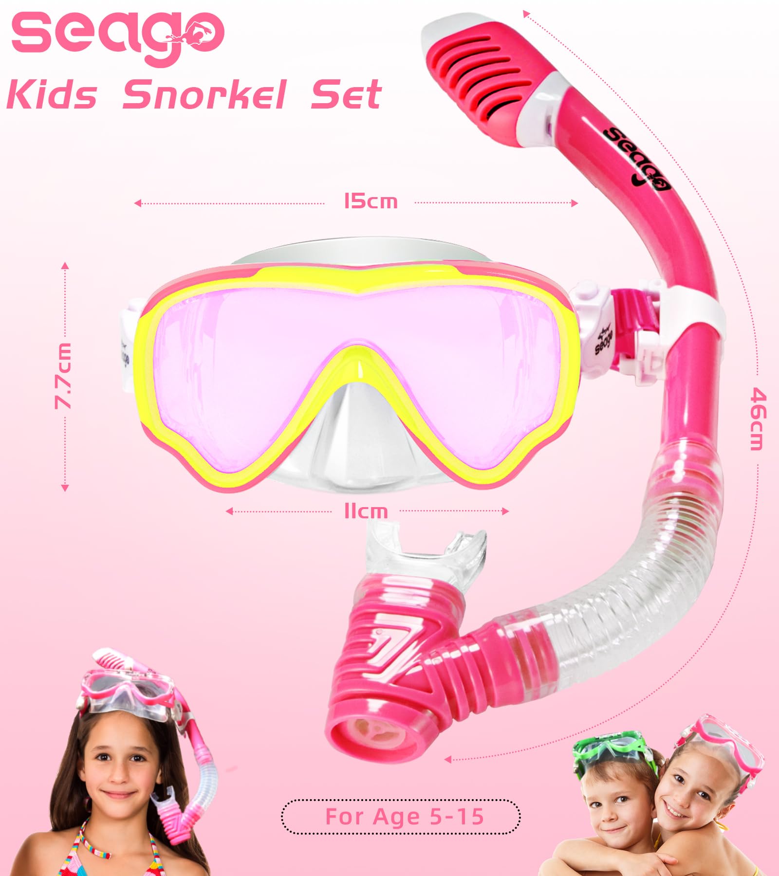 Seago mask and snorkel next to an adult hand showing kid-size scale benefit