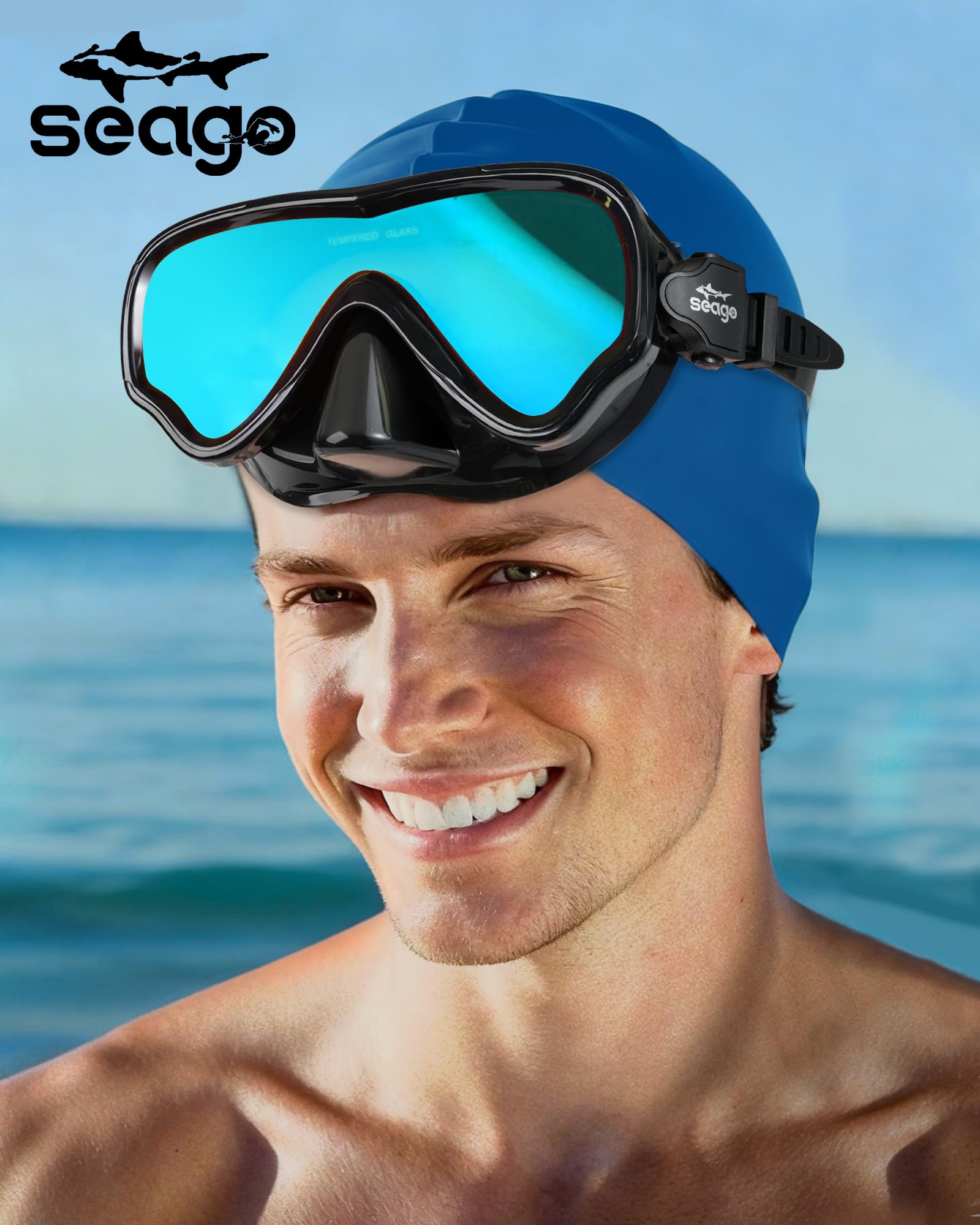 Seago Y-shaped strap worn over swim cap demonstrating stable, comfortable fit