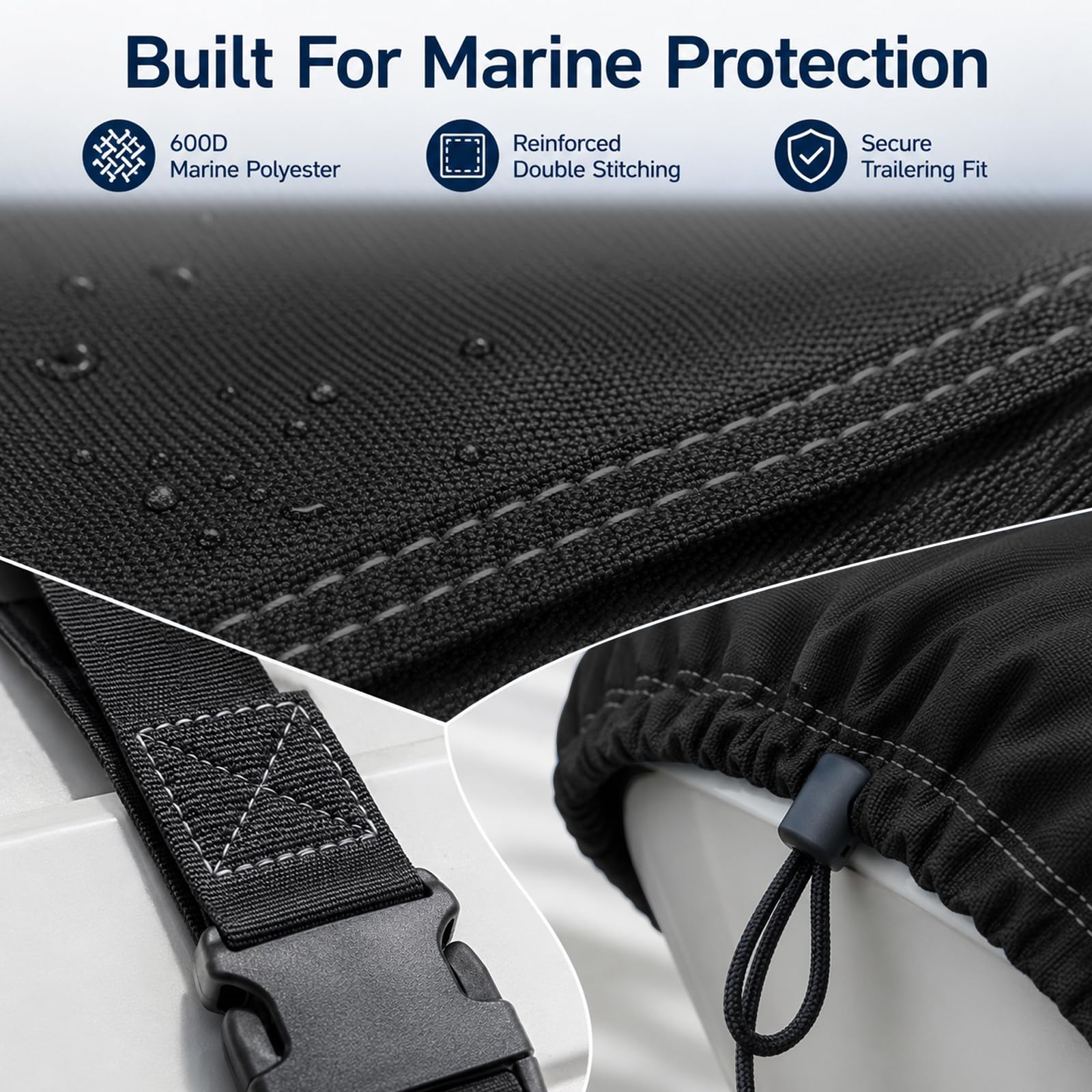 Seamander cover fitted on V-hull boat illustrating snug, weatherproof fit
