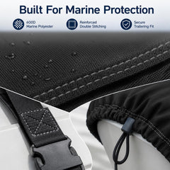 Seamander cover fitted on V-hull boat illustrating snug, weatherproof fit