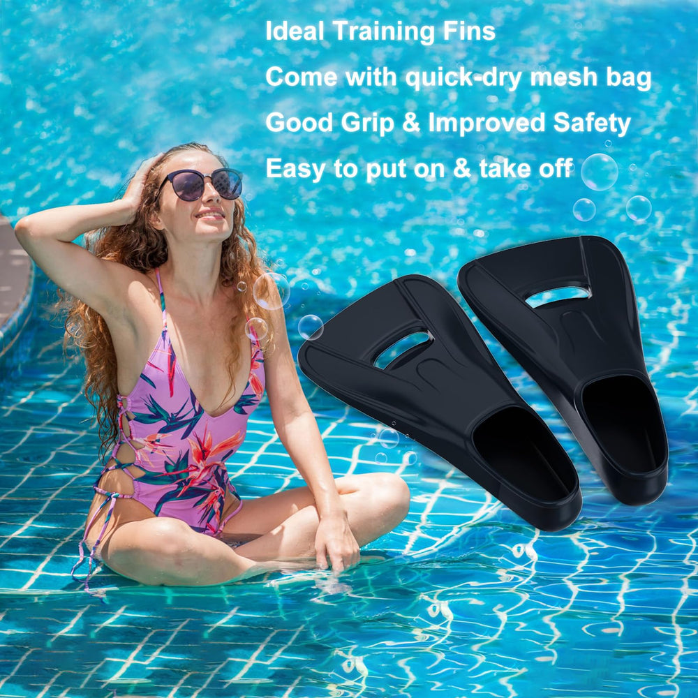 Seatheway fins on beach ready for snorkeling, lightweight and easy to carry on trips