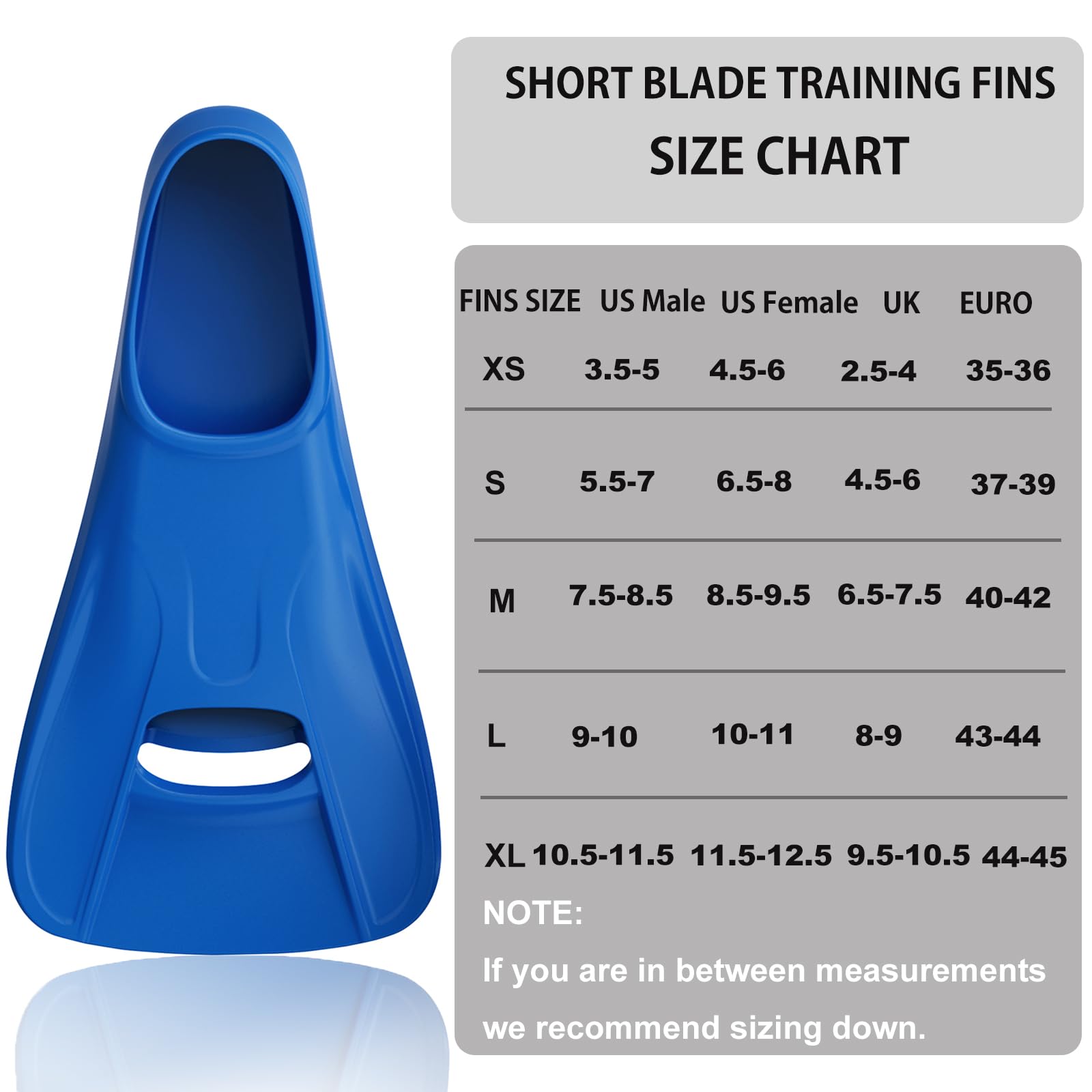 Seatheway fins beside hand for size comparison and fitting guidance