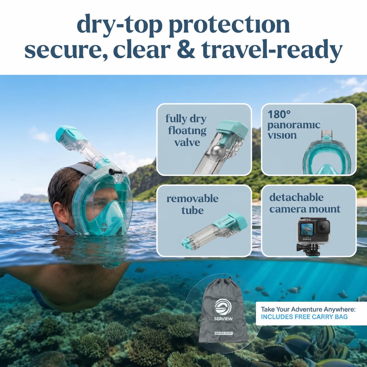 Seaview 180 dry-top valve pictured protecting snorkel from water entry benefit