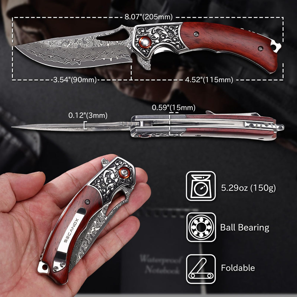 SECANOX Damascus blade close-up revealing VG-10 core pattern and corrosion resistance