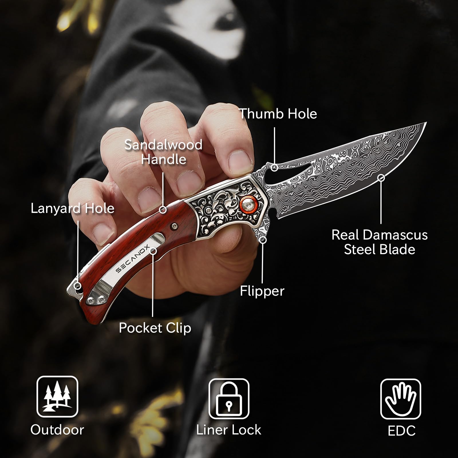 SECANOX knife being opened single-handed demonstrating smooth ball-bearing deployment