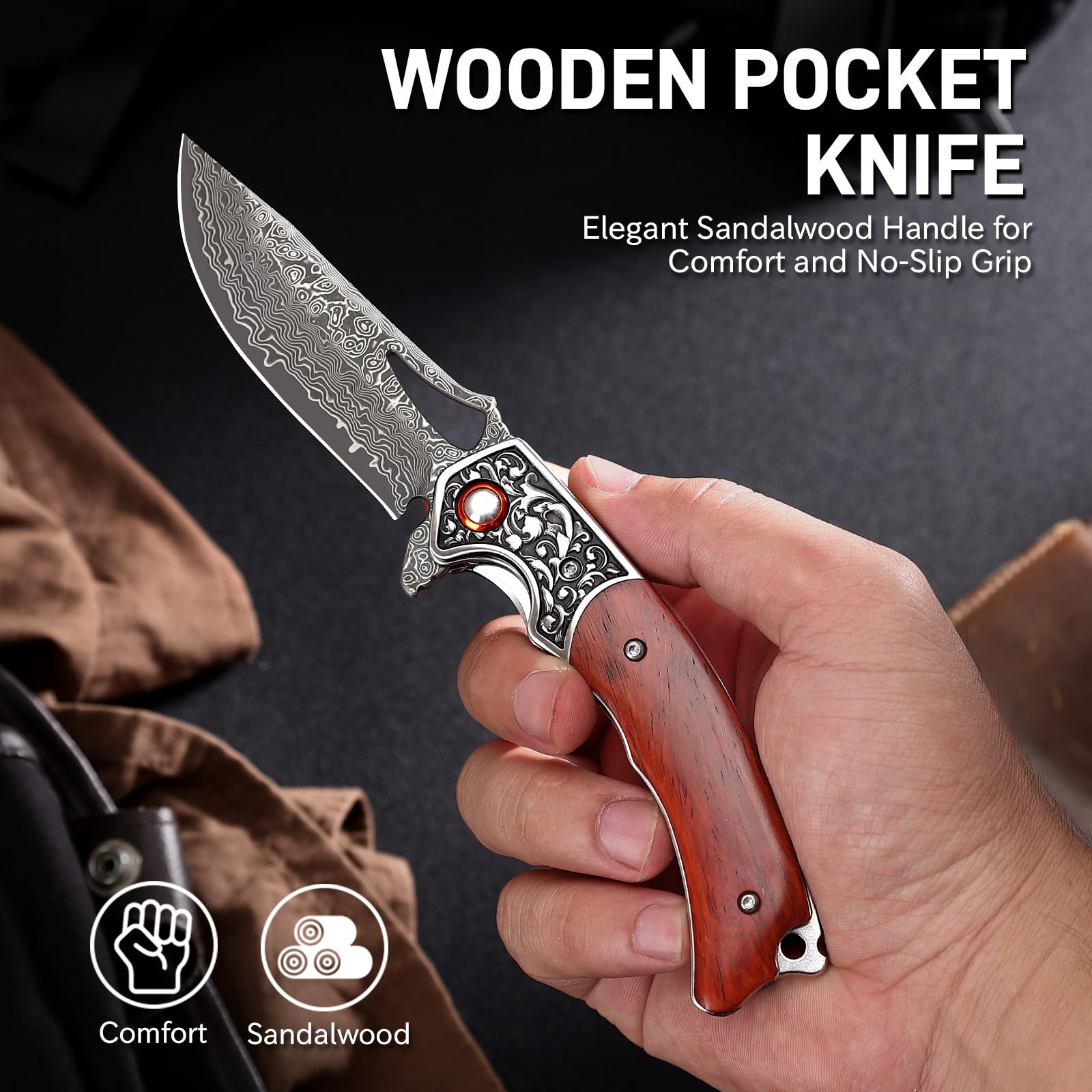 SECANOX sandalwood handle close-up showing ergonomic grip and tactile warmth