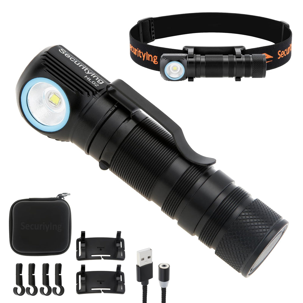 SecurityIng front view of headlamp showing compact design and bright lens, clear visibility advantage