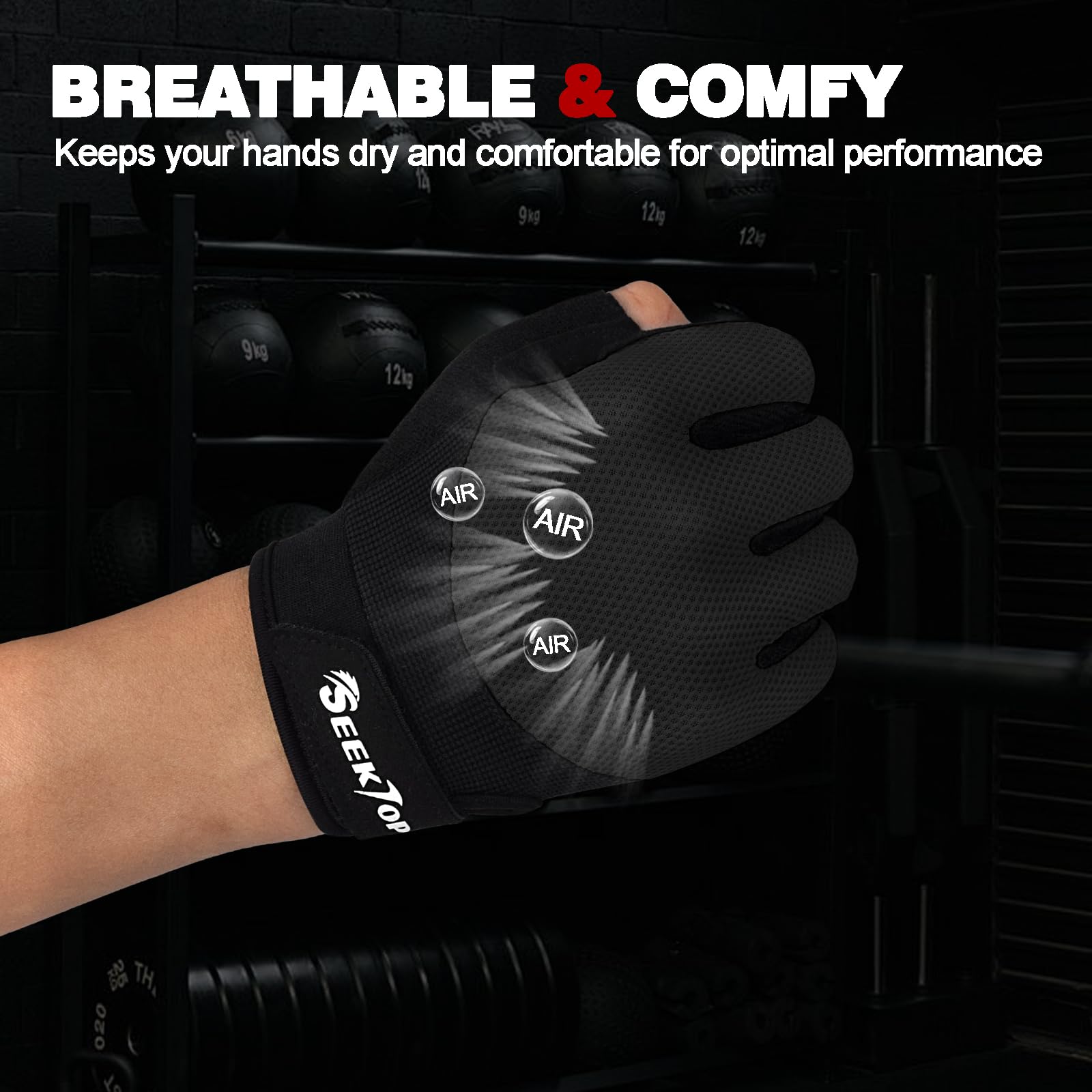 Seektop gloves on gym equipment in a lifestyle setting promoting performance