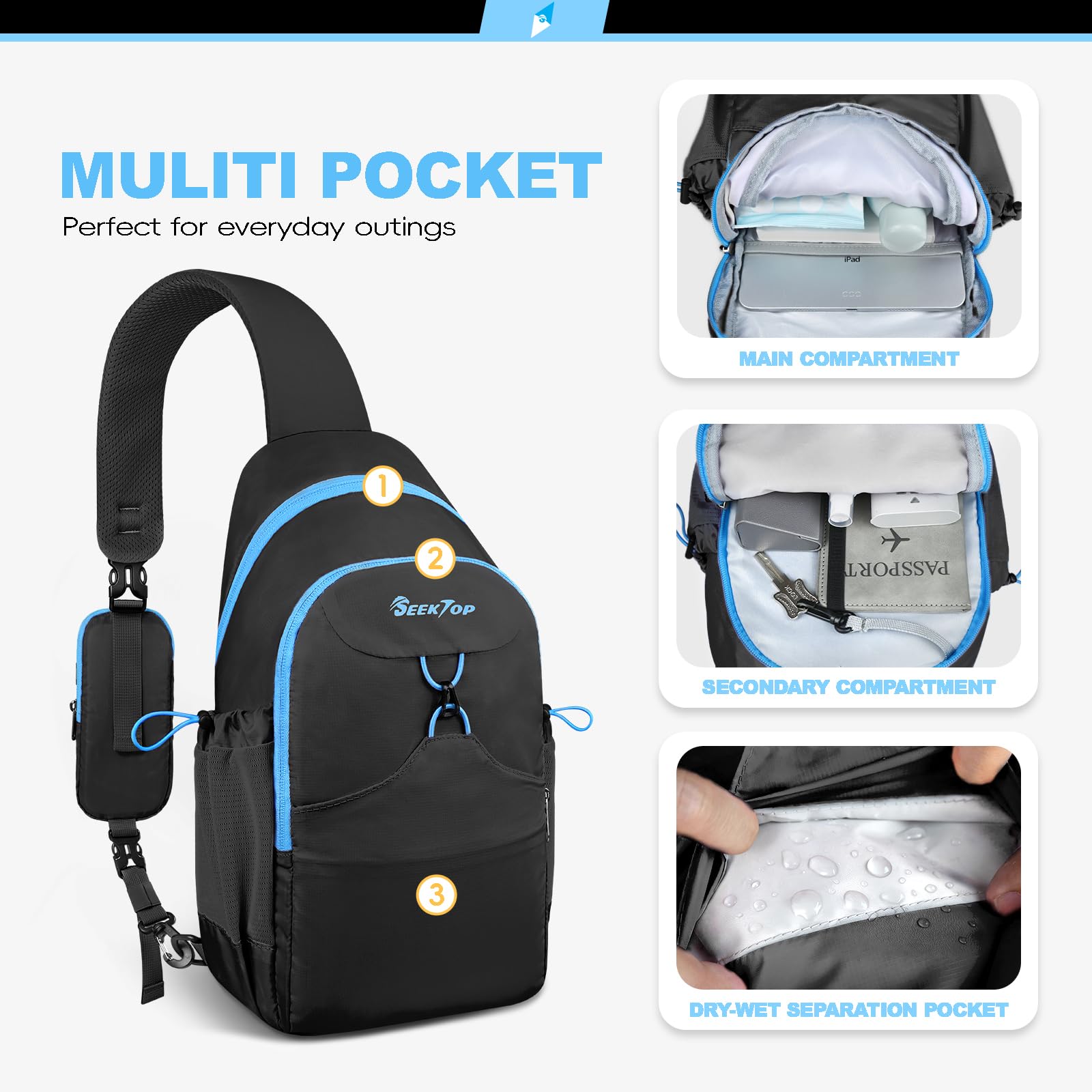 Seektop main compartment open showing tablet and organized storage