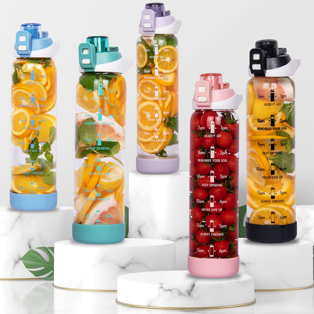 Seekua bottle next to a drinking glass showing 32 oz capacity scale