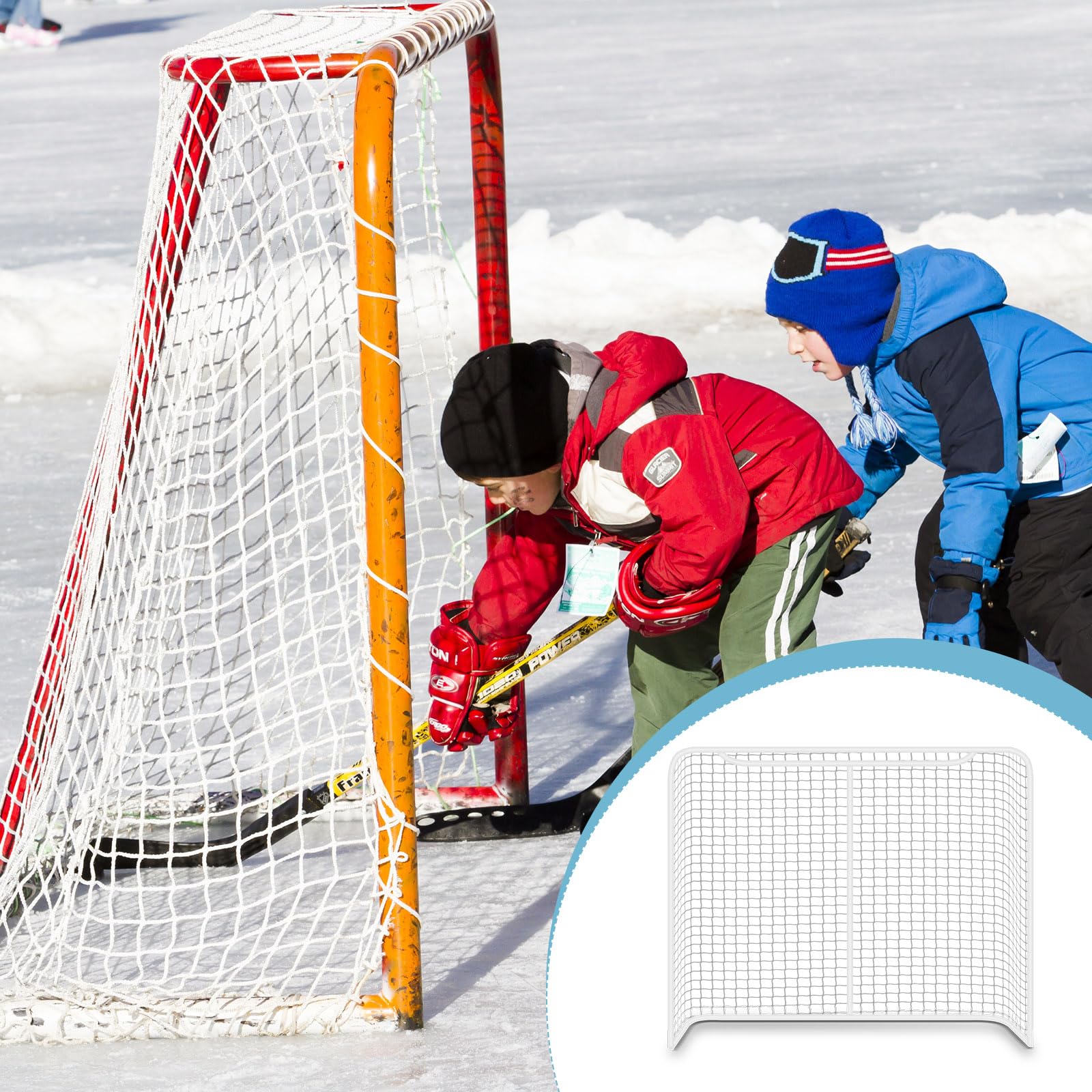 Seenelling net next to goal frame showing scale and proper regulation fit