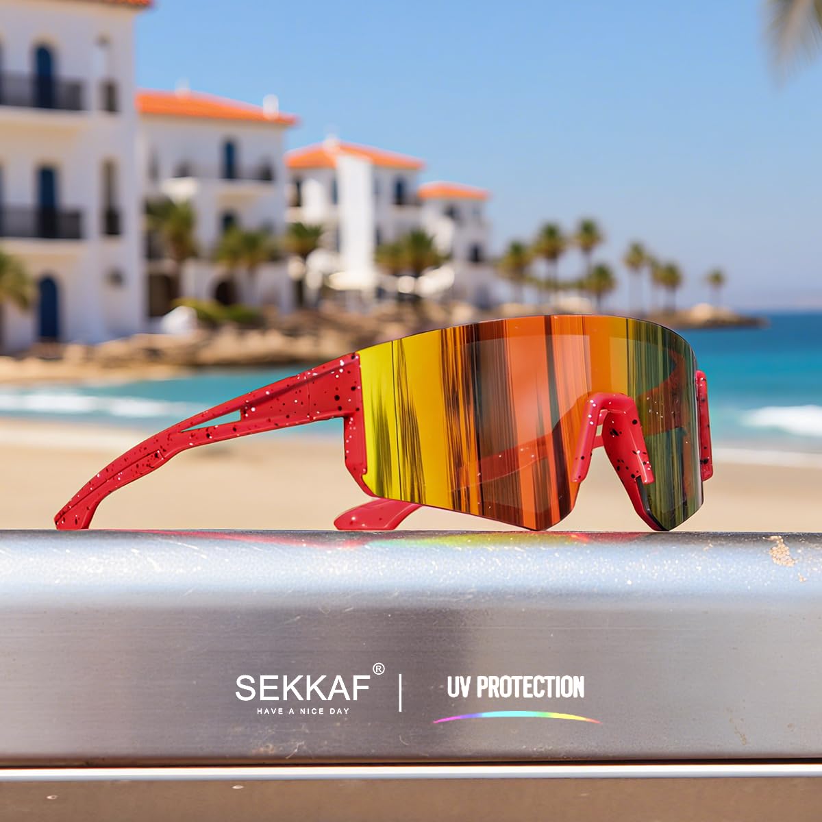 SEKKAF close-up of lens highlighting UV400 protection and clear vision