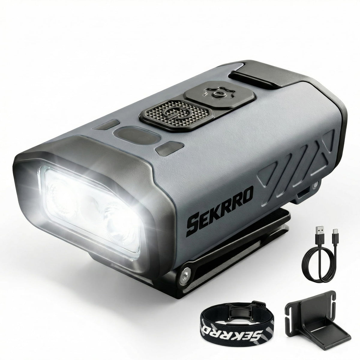 Sekrro front view on hard hat showing bright beam and secure fit