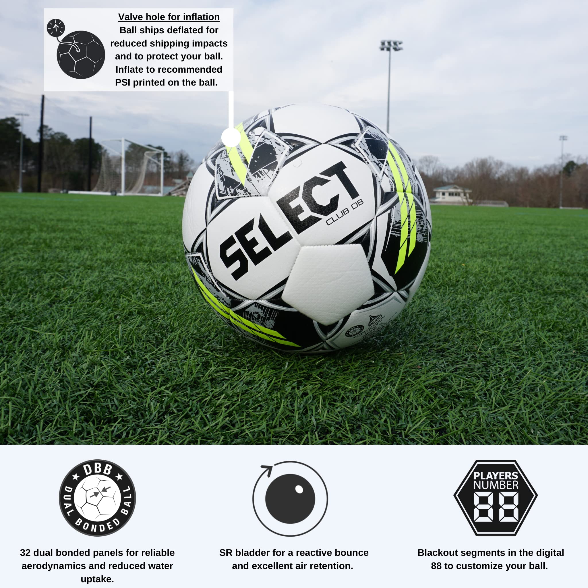 SELECT Club DB V22 next to a youth foot showing size 4 scale for development use