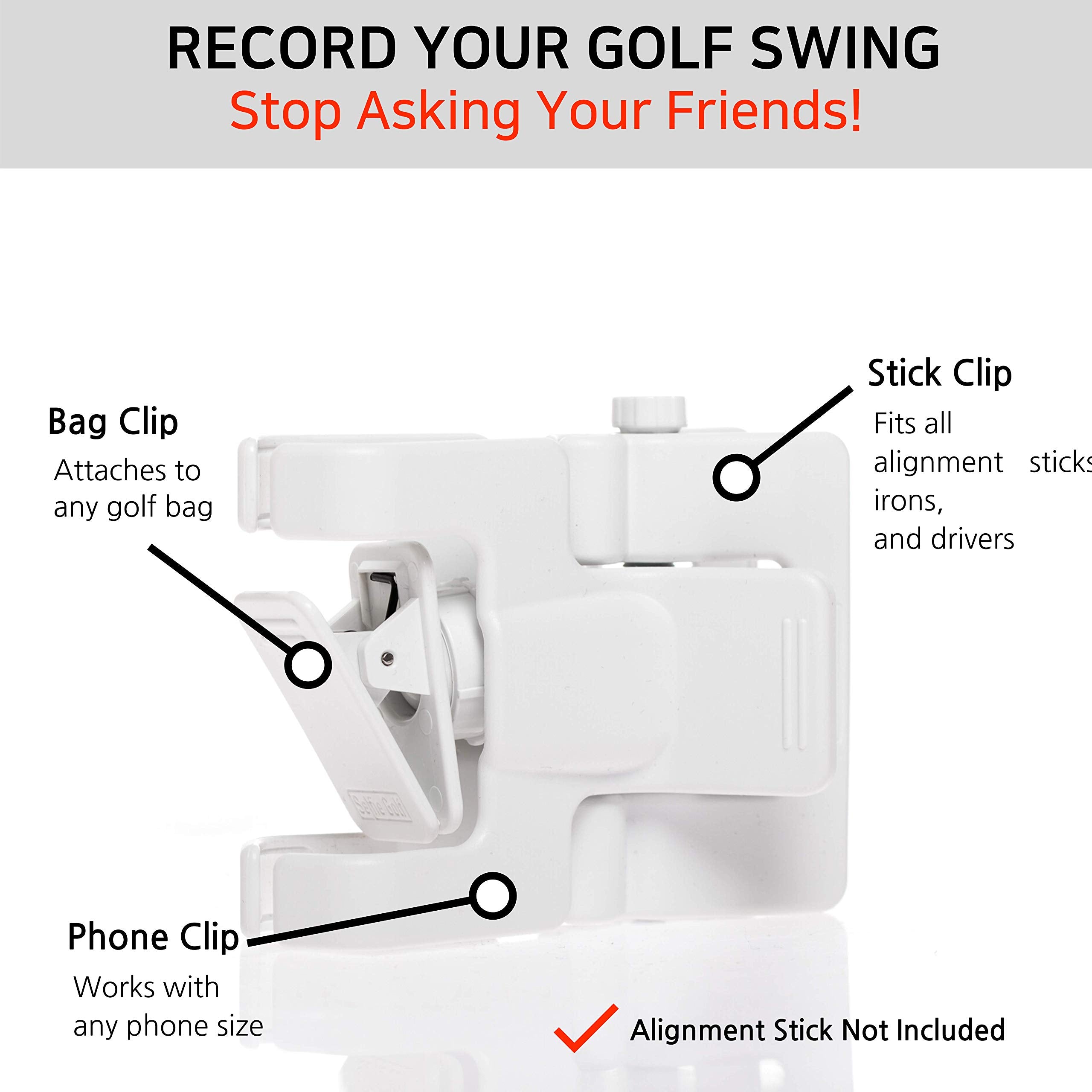 Selfie Golf clip close-up highlighting secure clamp and quick setup benefit