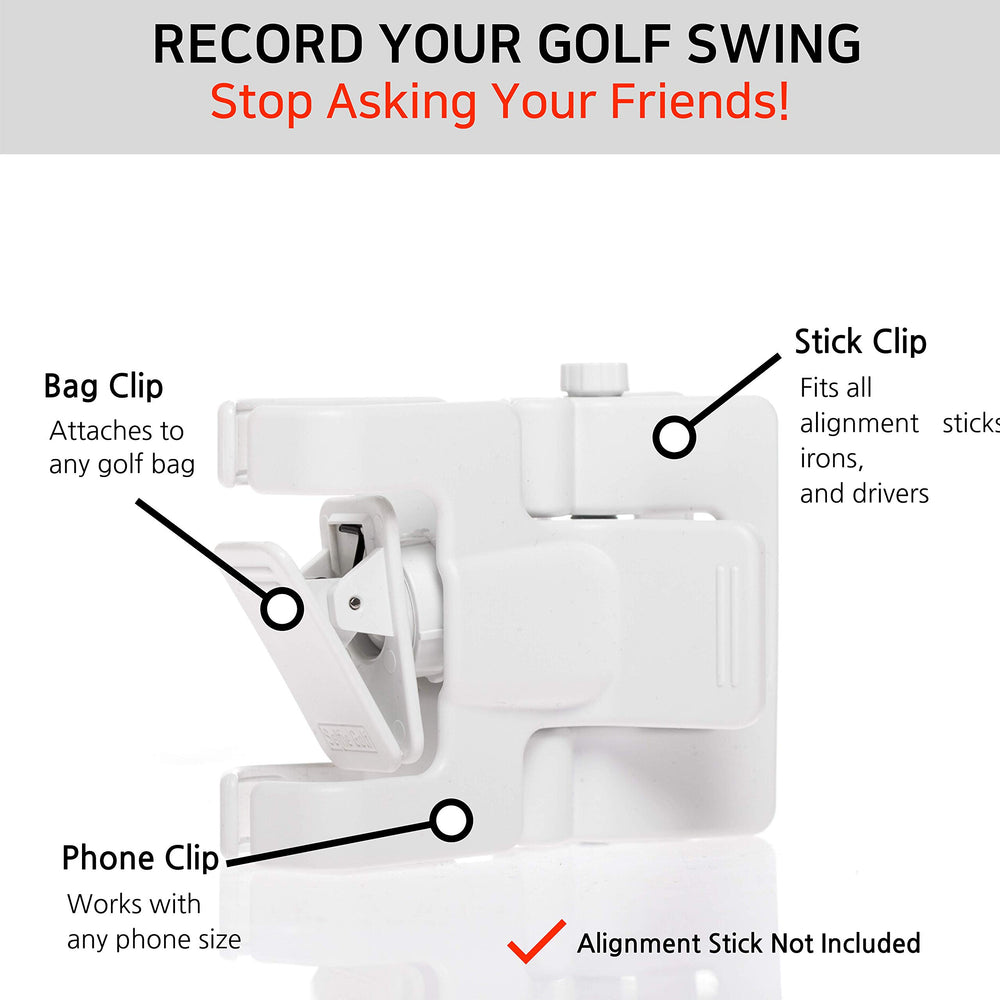 Selfie Golf clip close-up highlighting secure clamp and quick setup benefit