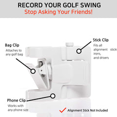 Selfie Golf clip close-up highlighting secure clamp and quick setup benefit
