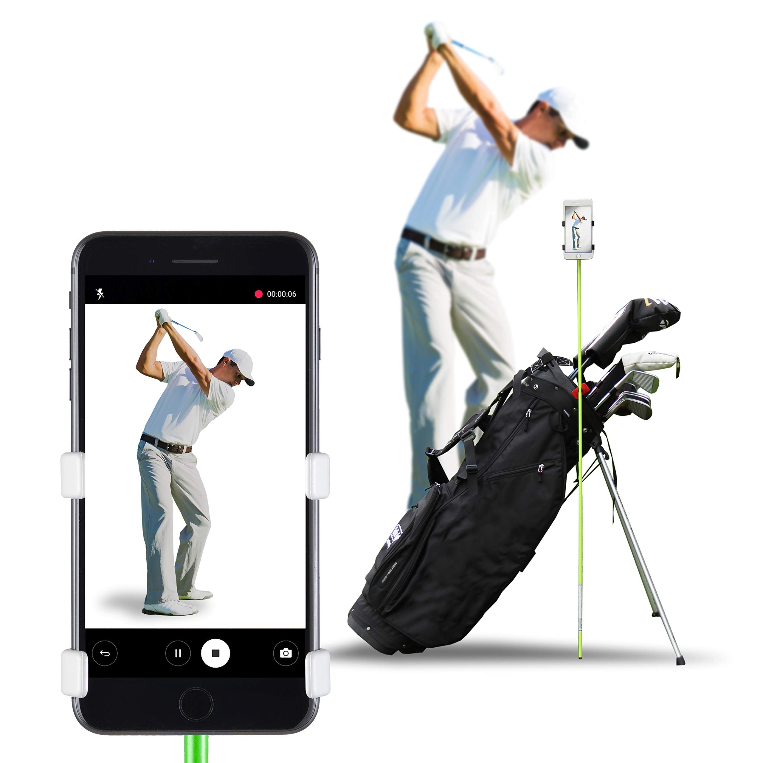 Selfie Golf front view with phone mounted showing stable recording benefit