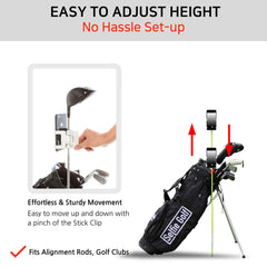 Selfie Golf mounted on alignment stick demonstrating hands-free practice benefit