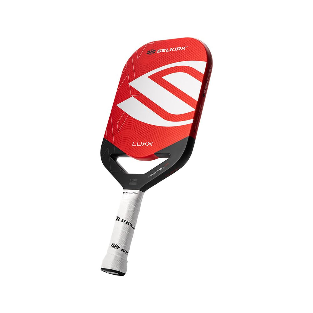 Selkirk LUXX Control paddle front face showing brand and precise hitting area benefit