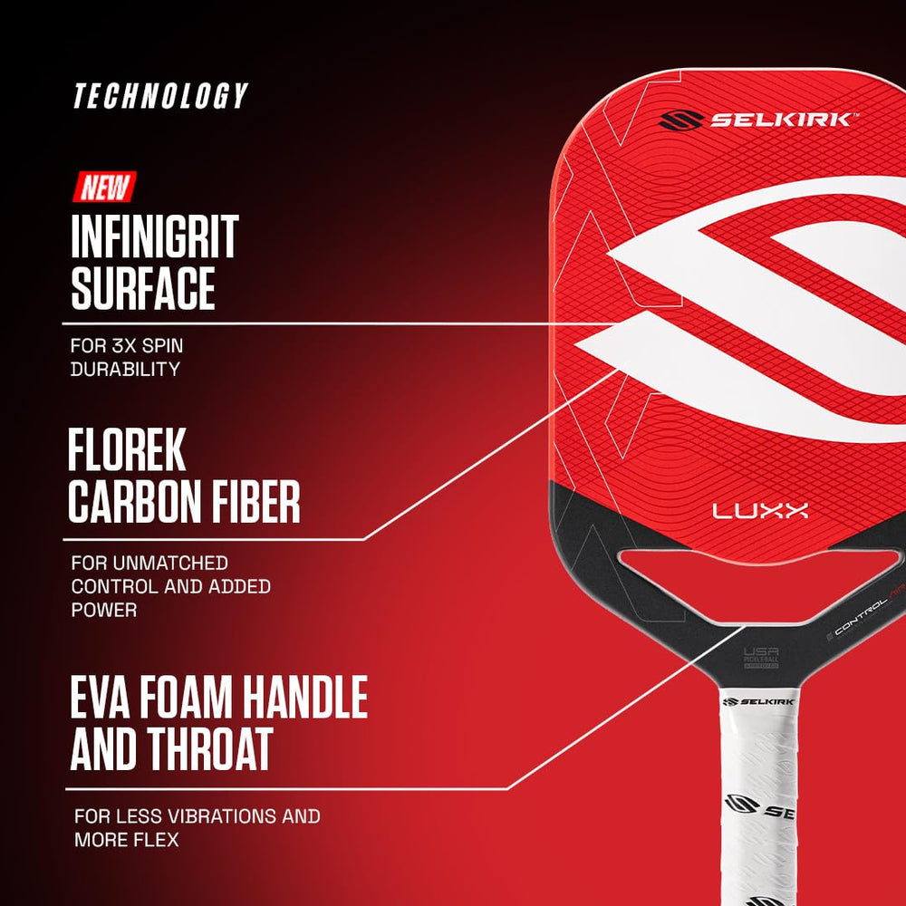 Selkirk LUXX Control held in hand showing true-to-size grip for comfortable play