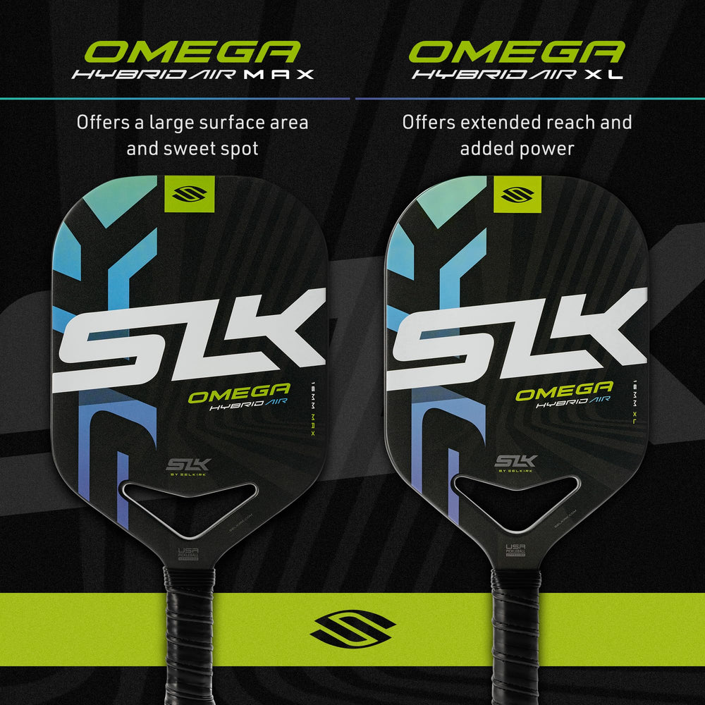 Selkirk Sport Omega Hybrid Air held in hand to show elongated XL reach and balance
