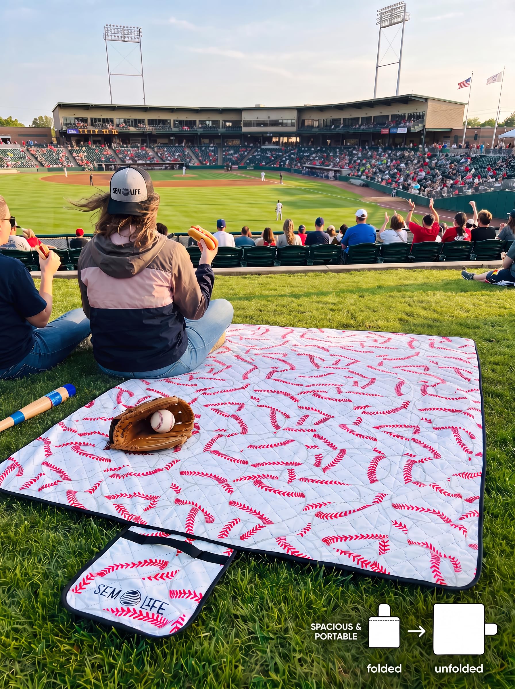 SEM LIFE blanket spread on stadium bleachers offering dry seating comfort