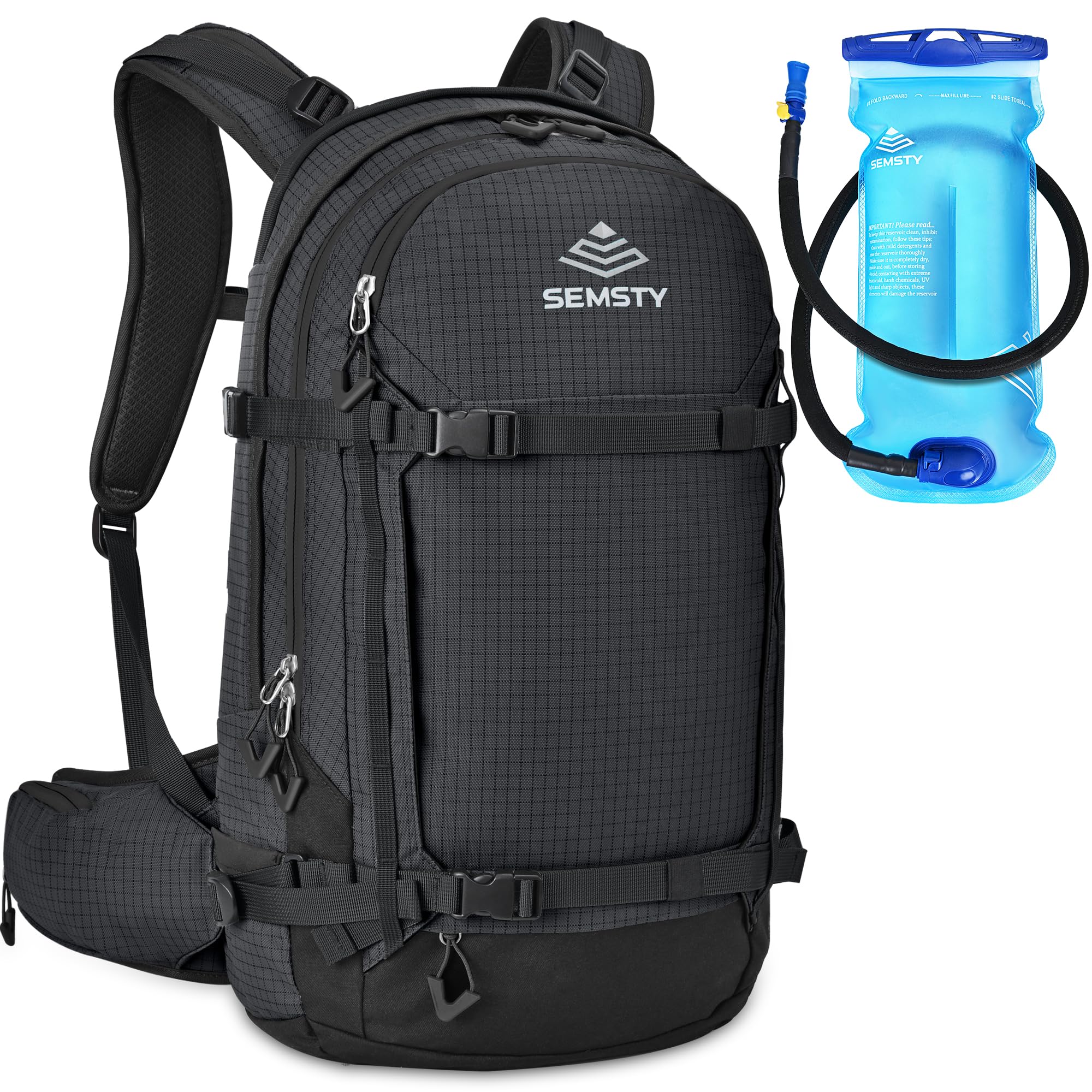 SEMSTY front view of 30L backpack showing pockets and zippers, durable storage advantage