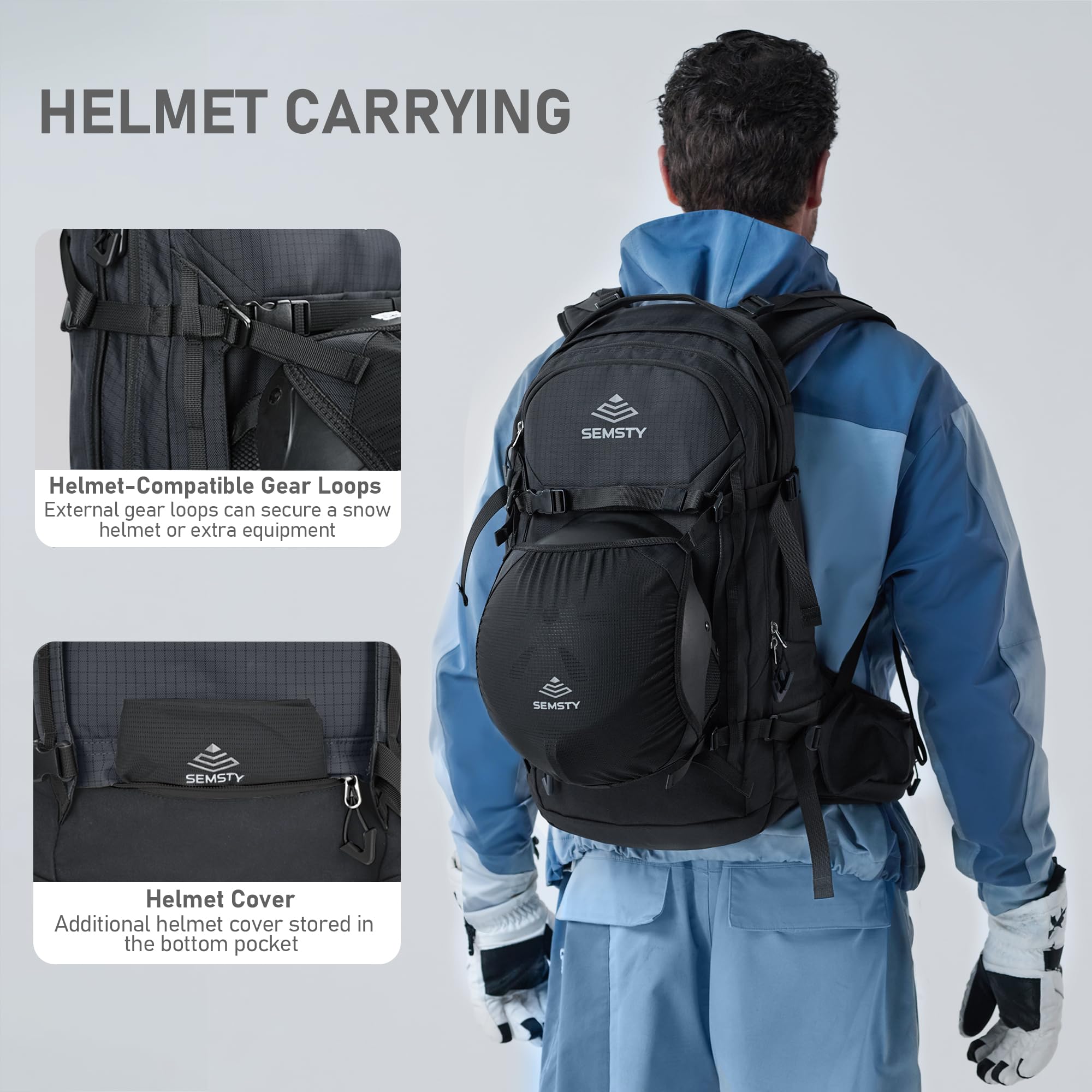 SEMSTY attachment straps holding skis and snowboard, secure multi-gear carry