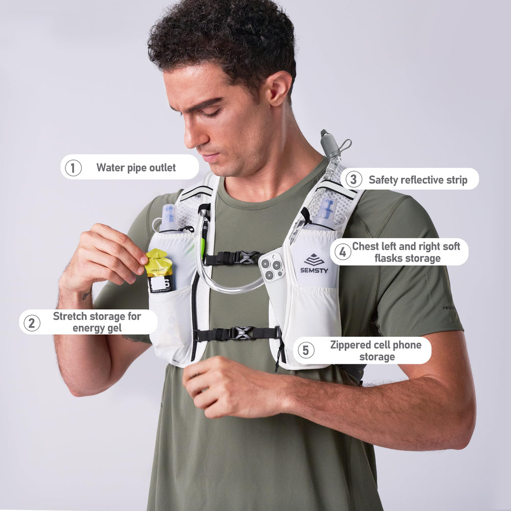 SEMSTY two 500ml soft flasks in front pockets for hands free hydration