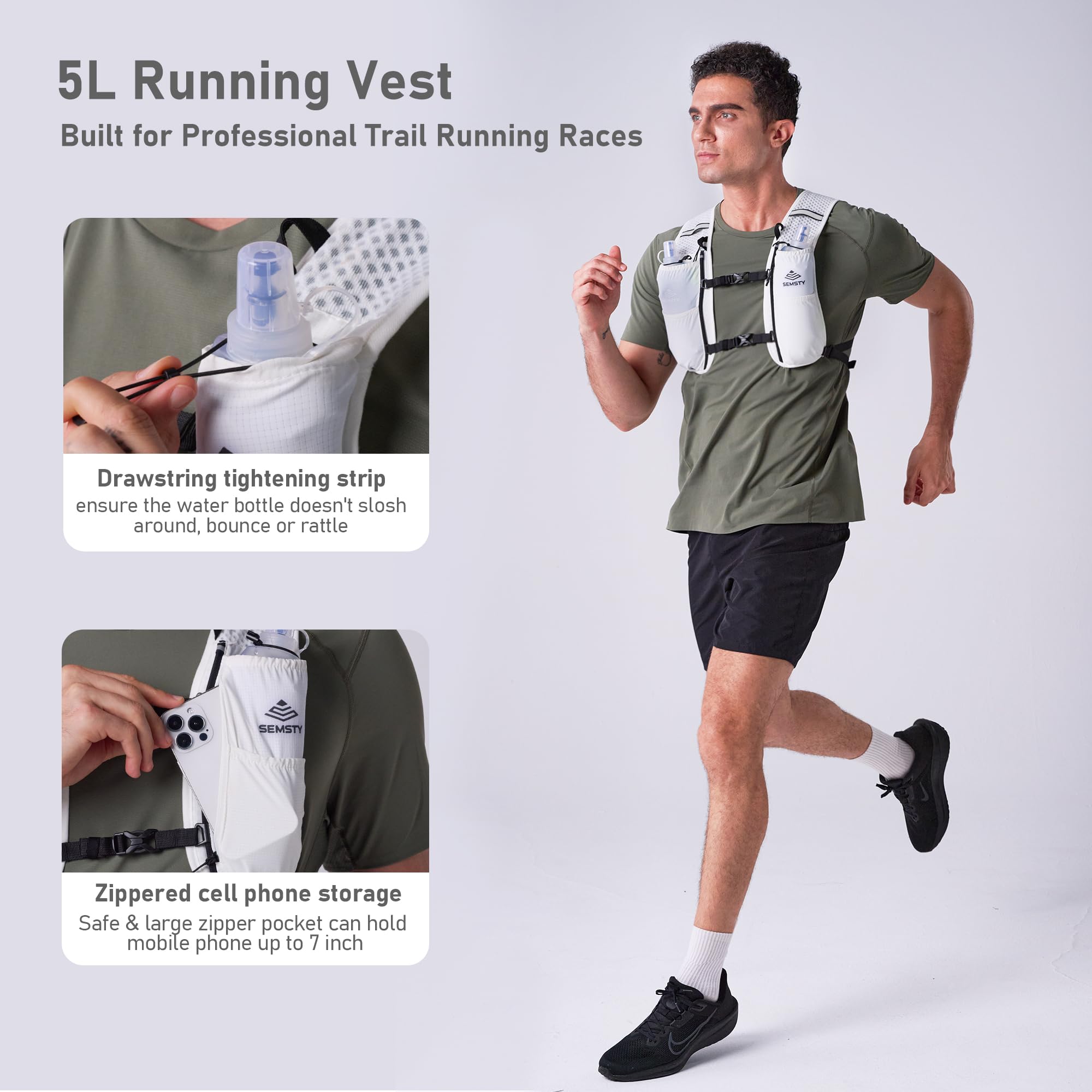 SEMSTY closeup of zippered phone pocket protecting device on runs