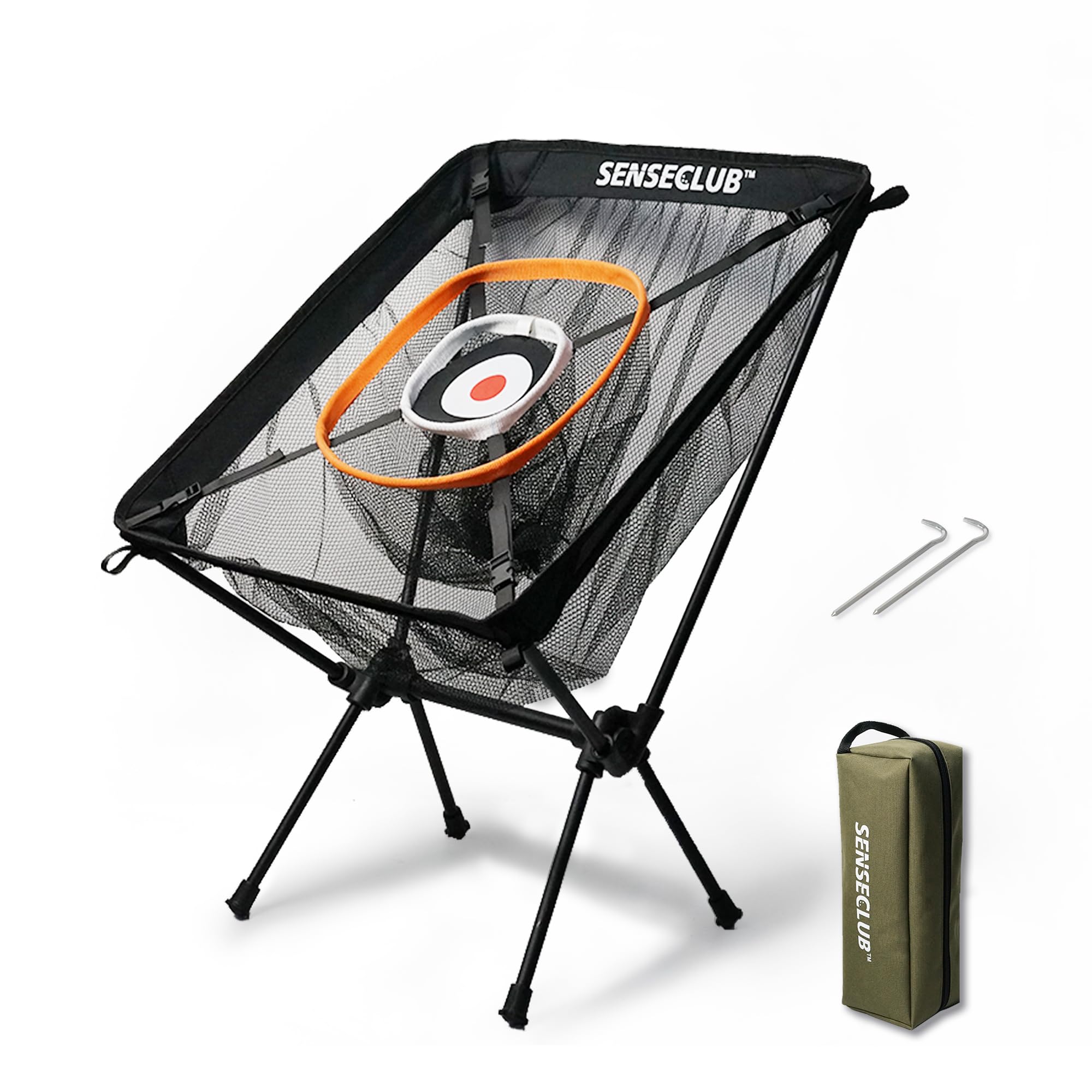 SENSECLUB front view of chipping net showing three baskets for accurate practice