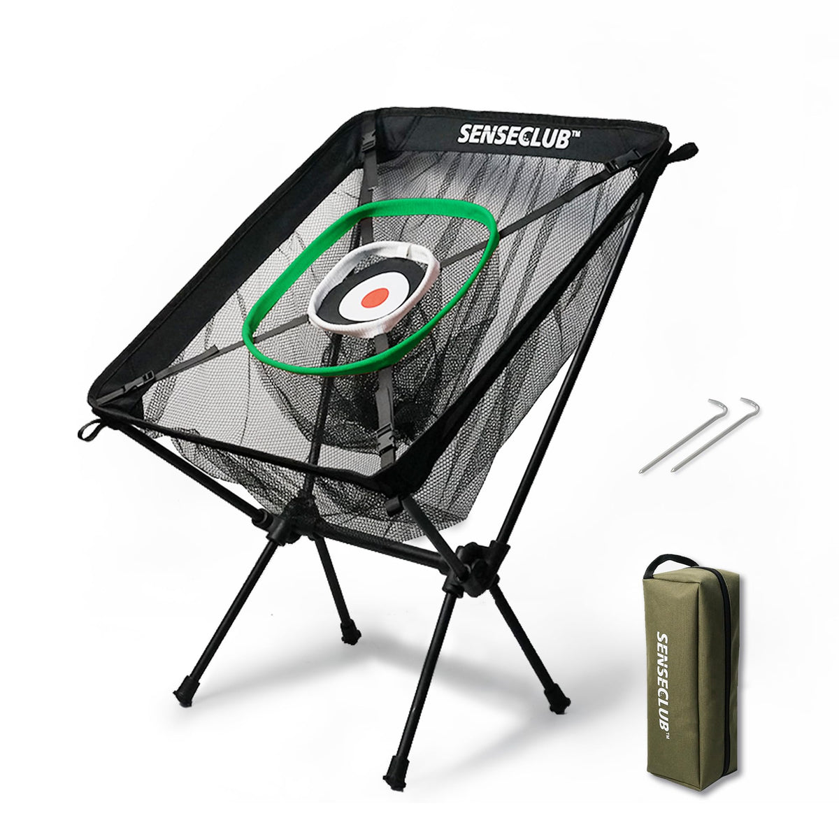 SENSECLUB front view of chipping net showing three baskets and target benefits accuracy