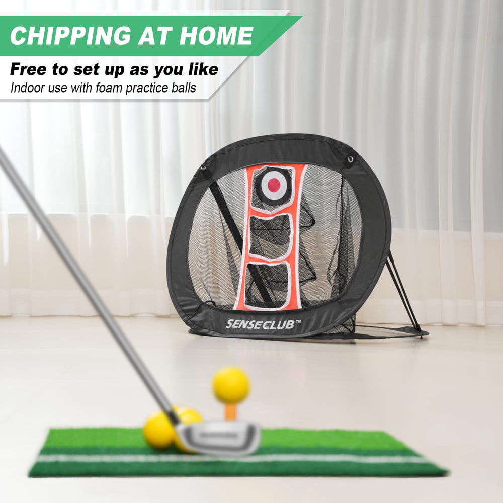 SENSECLUB net next to golf club showing scale and portability benefits
