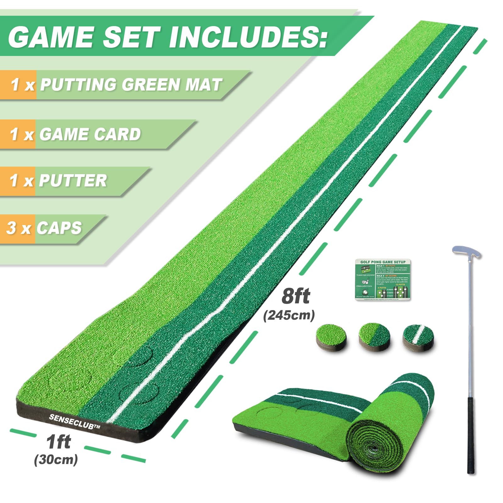 SENSECLUB 8-foot length comparison next to ruler, shows realistic practice distance