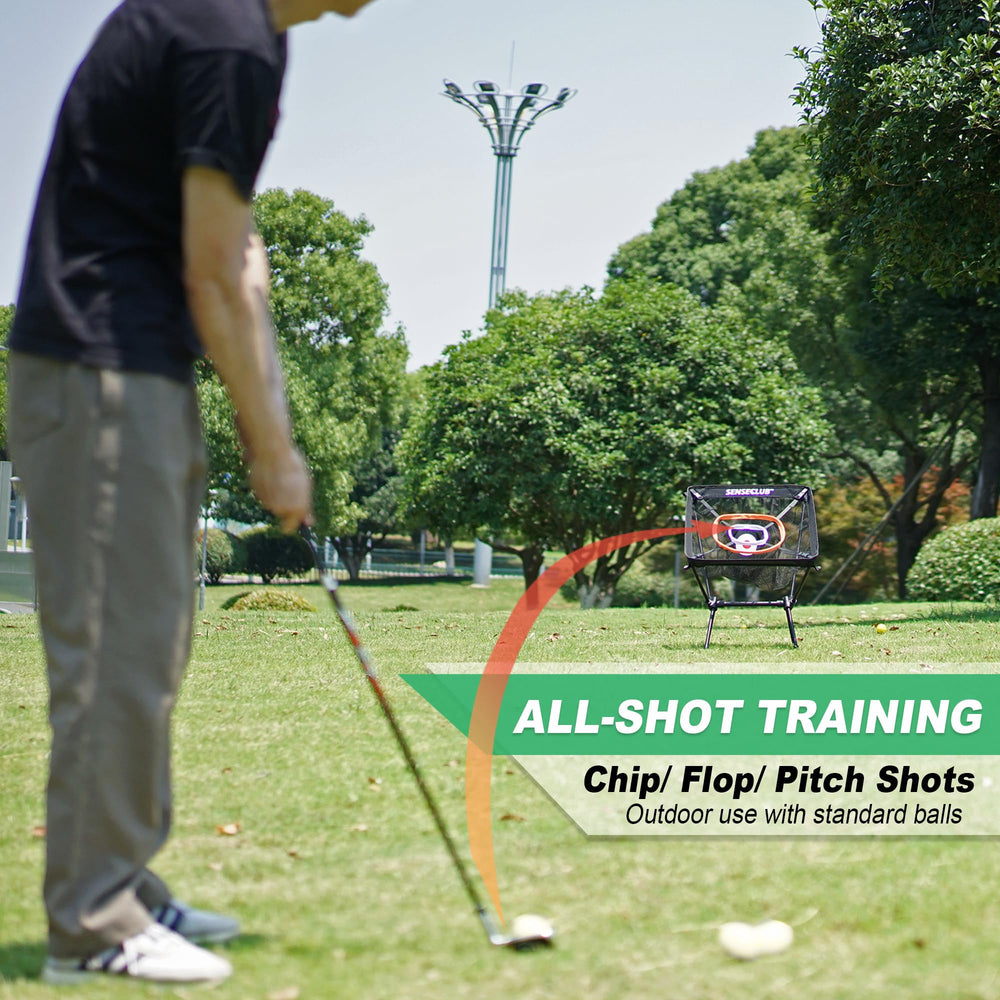 SENSECLUB chipping net in backyard use with player practicing short game