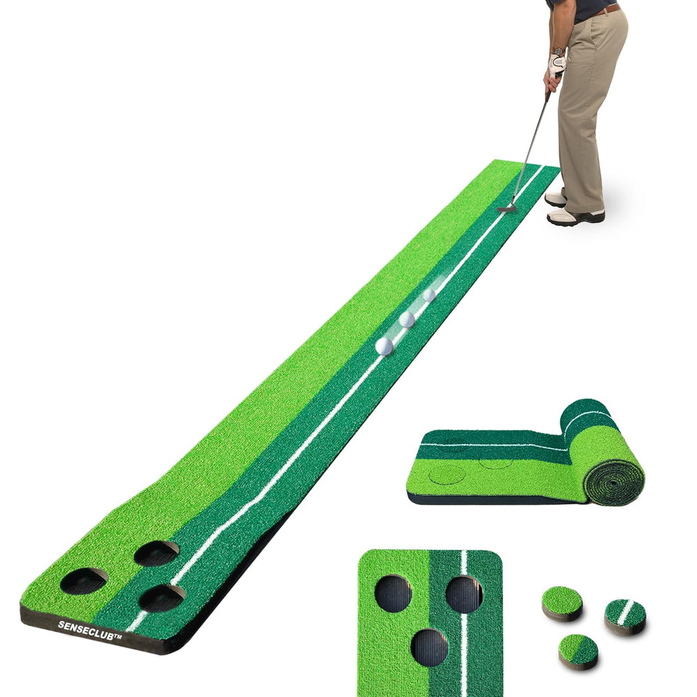 SENSECLUB front view of 8x1 ft putting mat showing realistic green and cup benefit practice anywhere