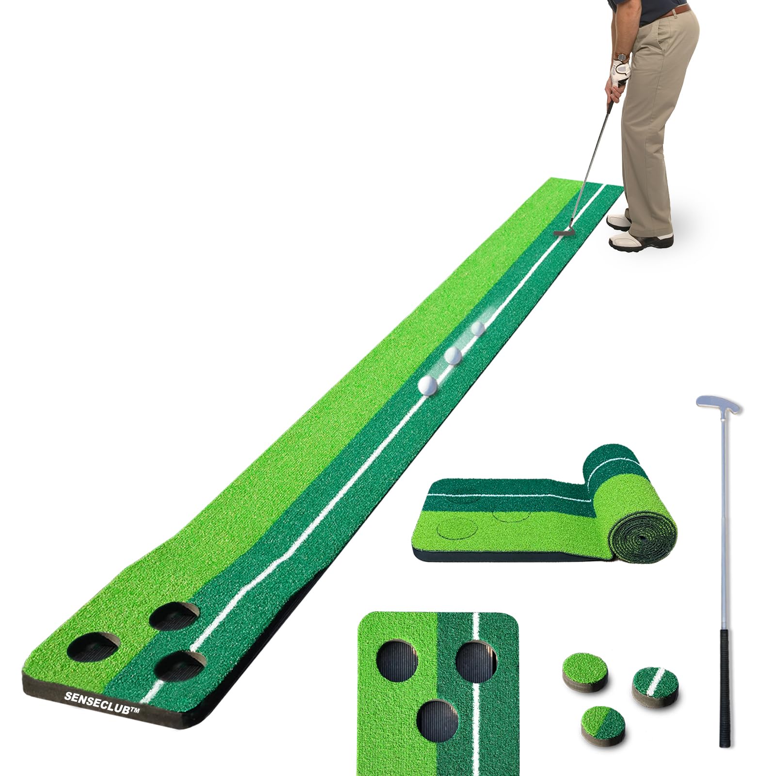 SENSECLUB putting mat front view showing cups and alignment line, promotes better aim