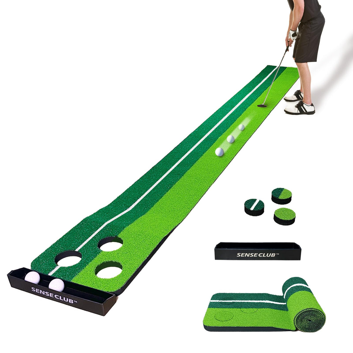 SENSECLUB full-length mat top view showing realistic roll and practice benefit