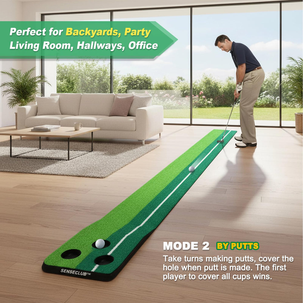 SENSECLUB putting mat in office use with player, encourages quick practice breaks