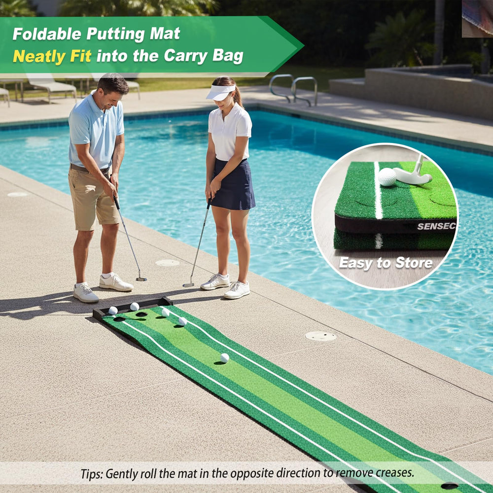 SENSECLUB mat with putter for scale to show actual length and usable practice area