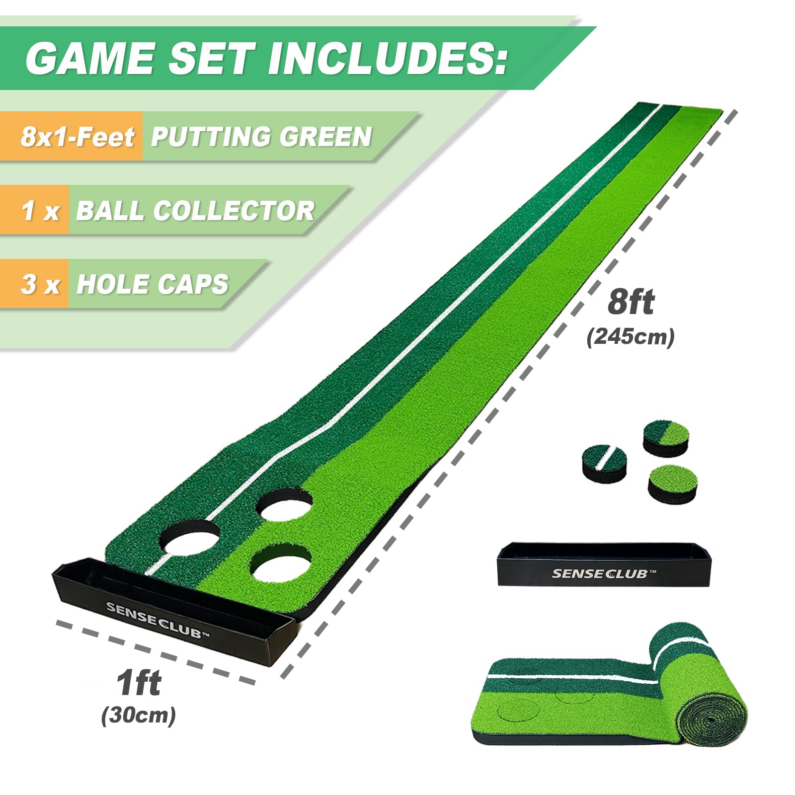 SENSECLUB mat next to a foot showing scale and compact 8x1 ft size