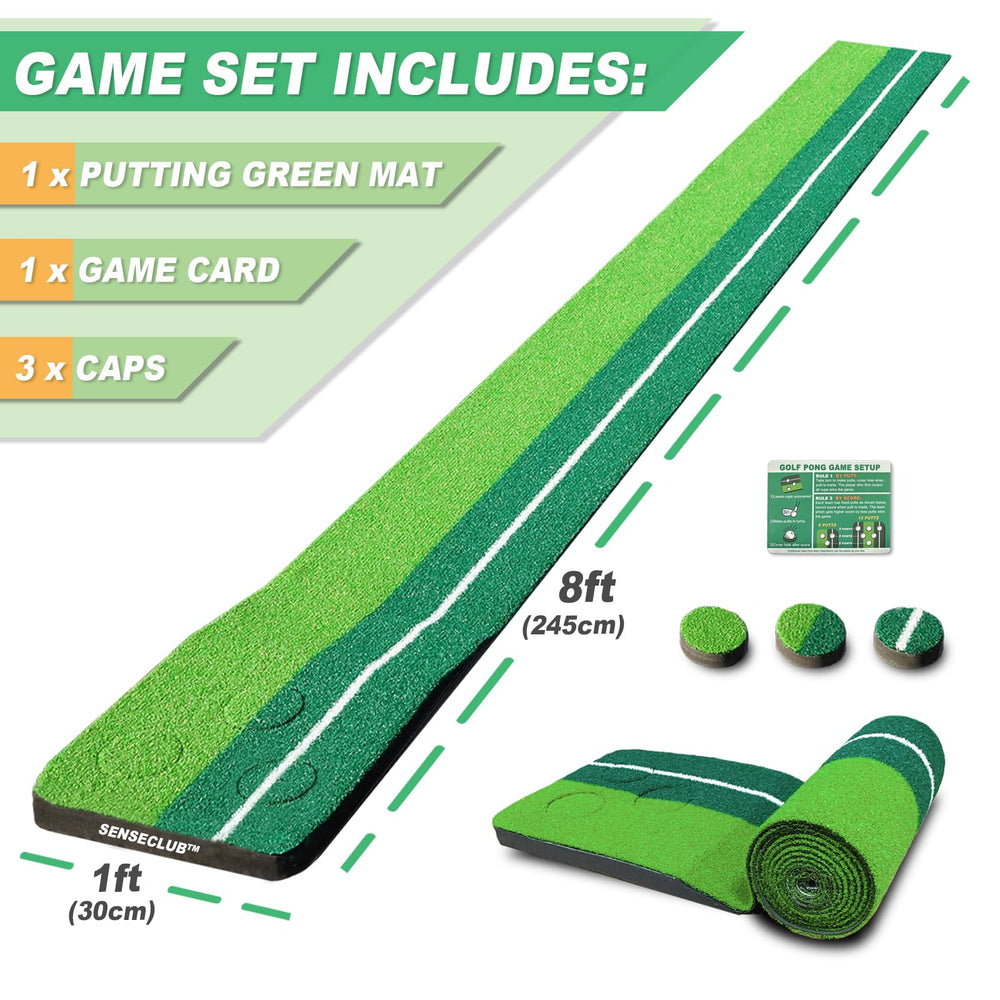 SENSECLUB putter and ball beside mat showing size scale for realistic short-putt practice
