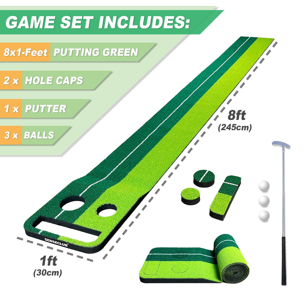 SENSECLUB mat next to foot for scale showing 1x8 ft usable practice area