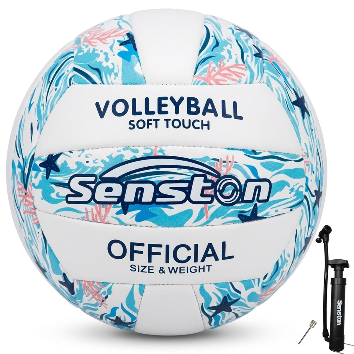 Senston volleyball front view showing ocean design and durable construction benefit