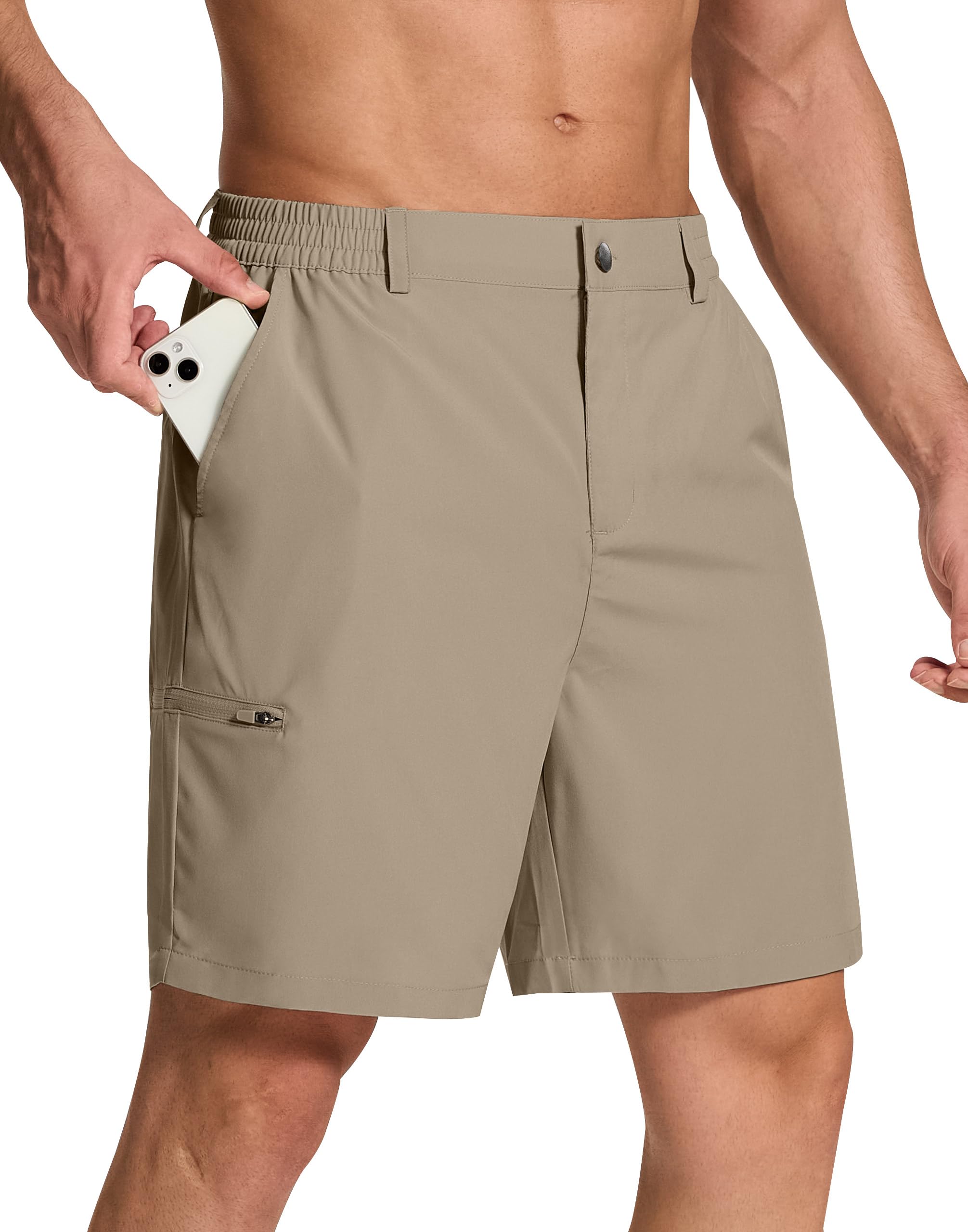 SERAMY front view dusty khaki shorts showing clean tailoring and fit benefit comfort