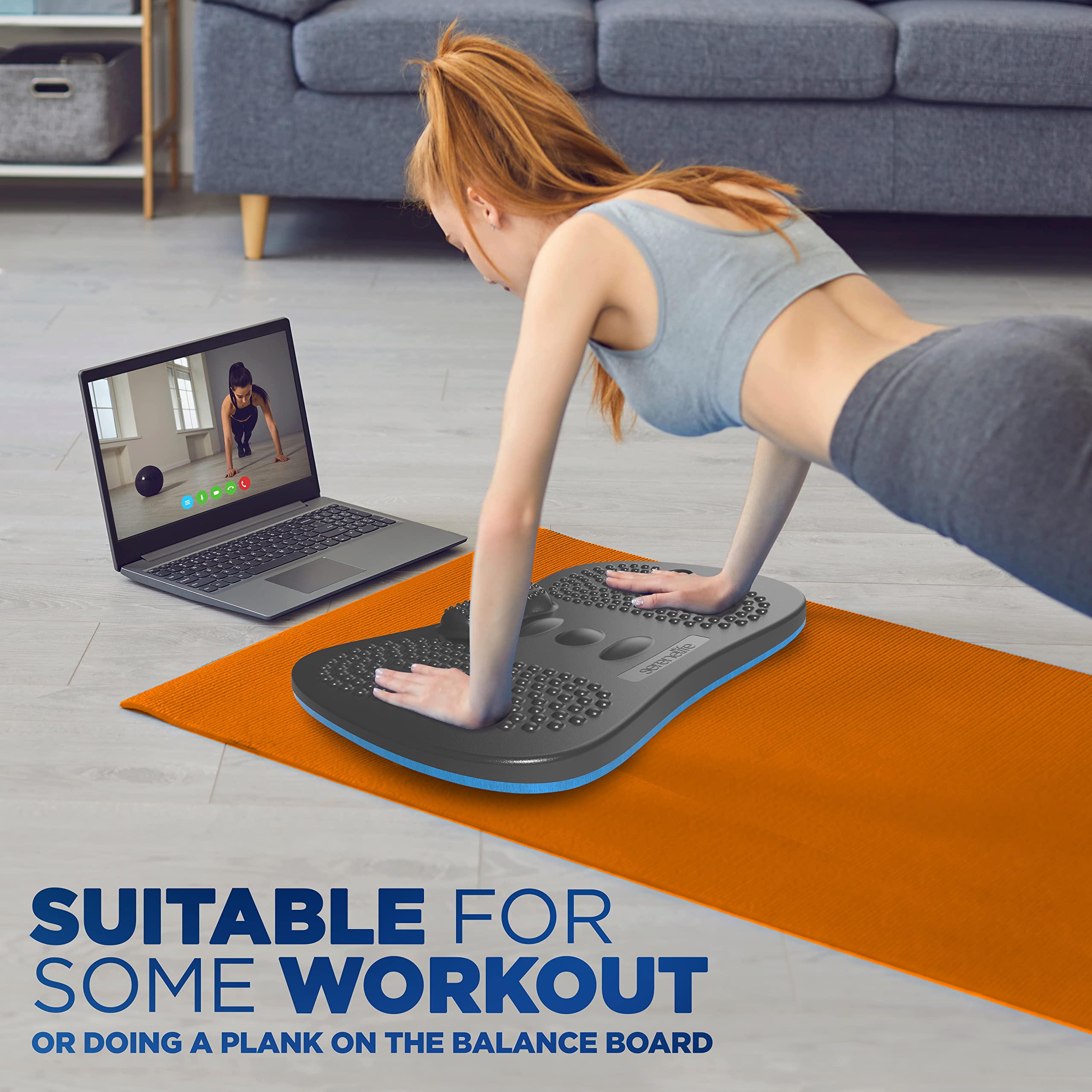 SereneLife in a home workout setting adding balance training and low-impact activity