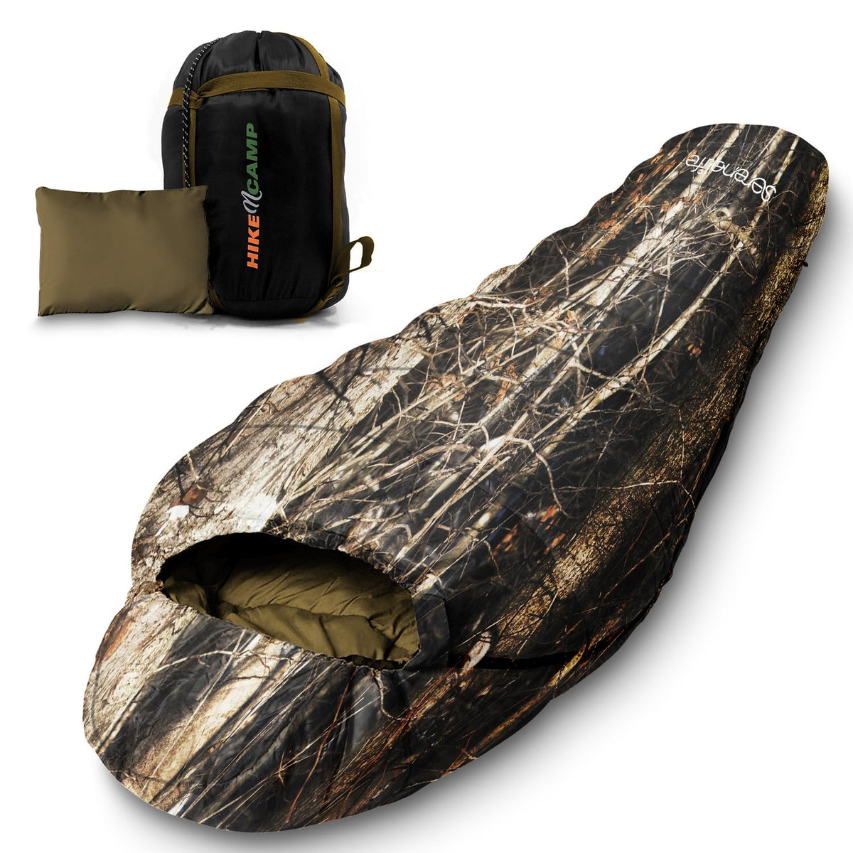 SereneLife front view of Real Tree sleeping bag showing full length and shape for comfortable sleep