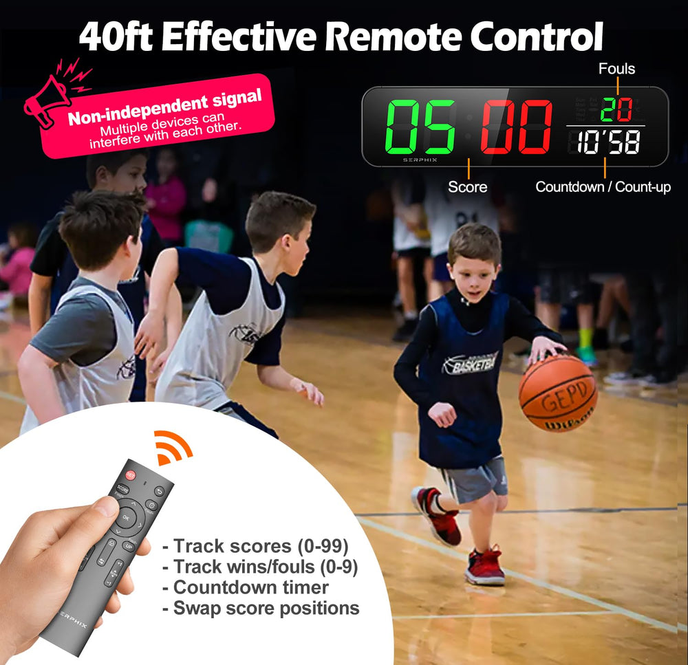 SERPHIX remote control and scoreboard demonstrating convenient wireless operation up to 40 feet