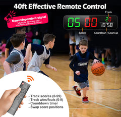 SERPHIX remote control and scoreboard demonstrating convenient wireless operation up to 40 feet